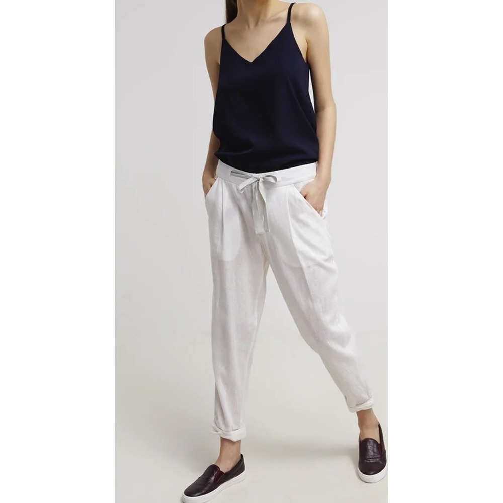 Free People Tie Waist Trousers Cropped Relaxed‎ Linen Blend Coastal Ivory Size 8
